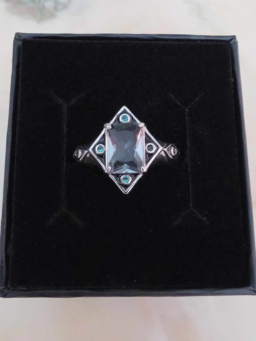 Silver-Tone Rectangular Stone Ring - 925 Sterling Silver